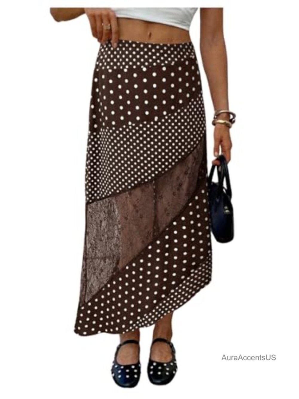 Polka Dot Lace Trim Midi Skirt - Boho Asymmetrical
